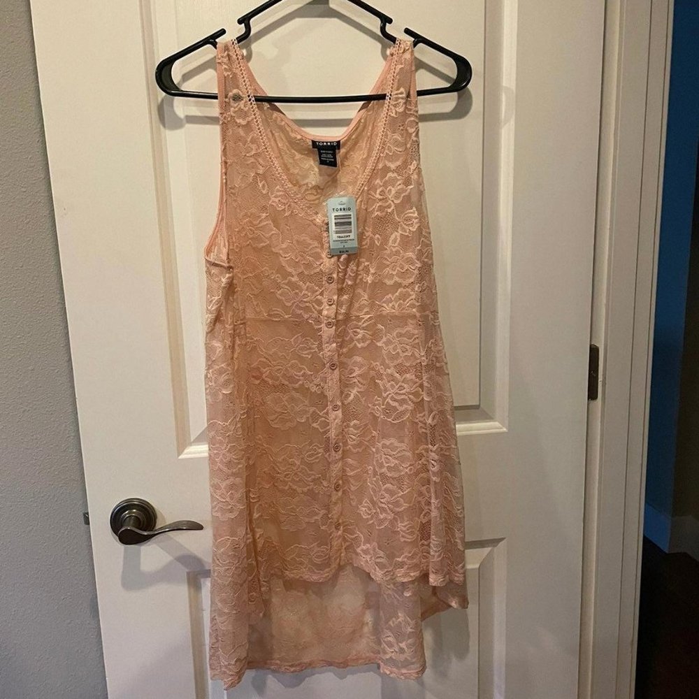 Torrid Peach Pink Floral Lace Button Front High Low Sleeveless Tunic Top NWT 2